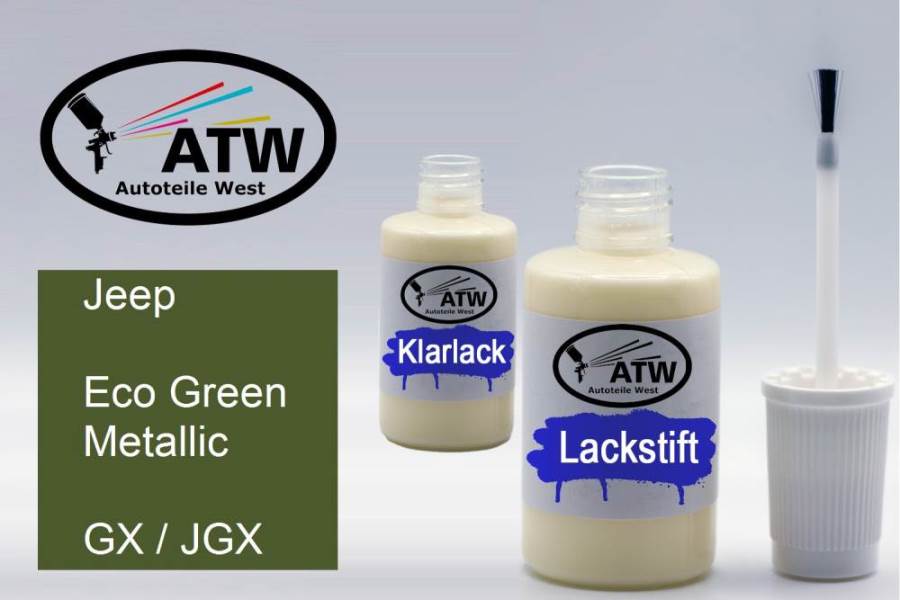 Jeep, Eco Green Metallic, GX / JGX: 20ml Lackstift + 20ml Klarlack - Set, von ATW Autoteile West.